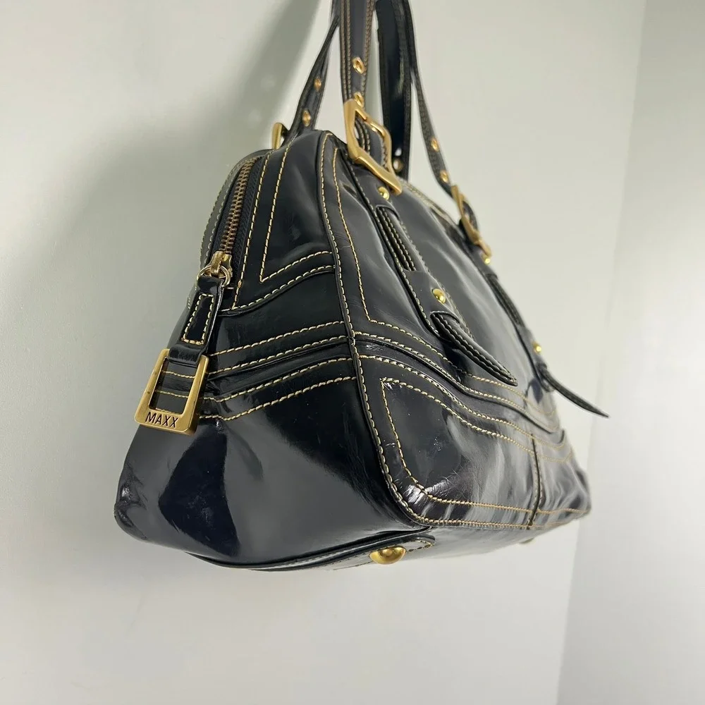 Maxx NY Gray Patent Satchel Handbag Bowler Bag Gold Buckle 90s Y2k Indie Sleaze